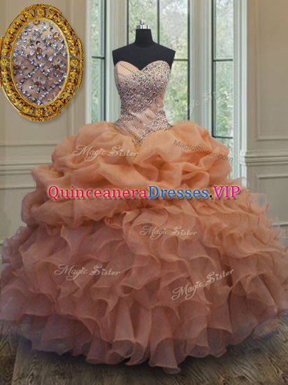 Orange Sleeveless Floor Length Beading and Ruffles and Pick Ups Lace Up 15th Birthday Dress - Click Image to Close