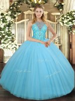 Sleeveless Floor Length Beading Lace Up Sweet 16 Dresses with Aqua Blue