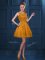 New Arrival Tulle Scoop Sleeveless Zipper Lace and Ruffled Layers Dama Dress for Quinceanera in Gold