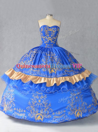 Glorious Blue Quince Ball Gowns Sweet 16 and Quinceanera with Embroidery and Bowknot Sweetheart Sleeveless Lace Up - Click Image to Close