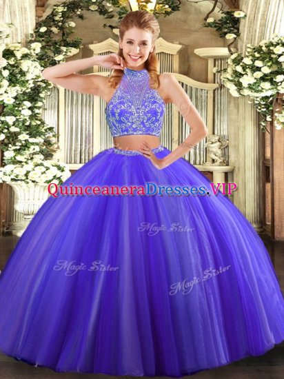 Fashion Purple Two Pieces Tulle Halter Top Sleeveless Beading Floor Length Criss Cross Vestidos de Quinceanera - Click Image to Close