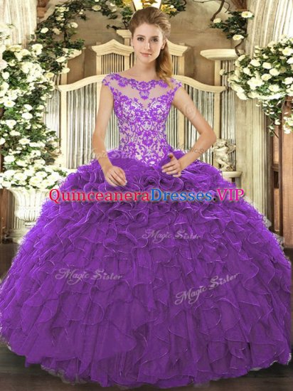 Exceptional Purple Ball Gowns Organza Scoop Cap Sleeves Beading and Ruffles and Hand Made Flower Floor Length Lace Up Military Ball Dresses For Women - Click Image to Close