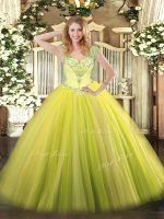 Yellow Green V-neck Neckline Beading and Ruffles 15th Birthday Dress Sleeveless Lace Up(SKU SJQDDT1252002-3BIZ)