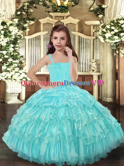 Amazing Aqua Blue Lace Up Kids Pageant Dress Ruffled Layers Sleeveless Floor Length - Click Image to Close