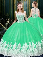 Tulle Scoop Sleeveless Zipper Lace and Appliques Quinceanera Gown in Apple Green