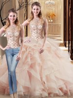 Traditional Peach Tulle Lace Up Scoop Sleeveless Quinceanera Gown Brush Train Beading and Ruffles