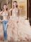 Traditional Peach Tulle Lace Up Scoop Sleeveless Quinceanera Gown Brush Train Beading and Ruffles