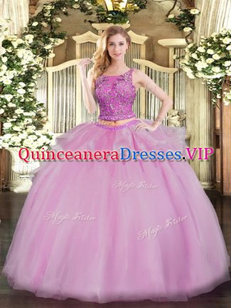 Latest Organza Scoop Sleeveless Lace Up Beading Quince Ball Gowns in Lilac