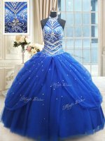 Pick Ups Floor Length Royal Blue Quinceanera Gowns Halter Top Sleeveless Lace Up