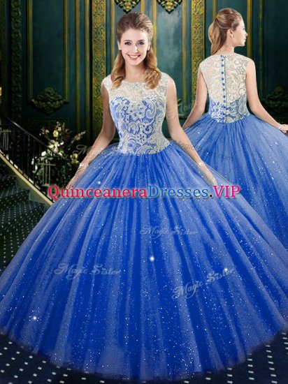 Modest Tulle High-neck Sleeveless Zipper Lace Quince Ball Gowns in Royal Blue - Click Image to Close