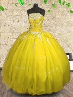 Luxury Floor Length Lace Up Quinceanera Dresses Yellow for Military Ball and Sweet 16 and Quinceanera with Appliques and Ruching