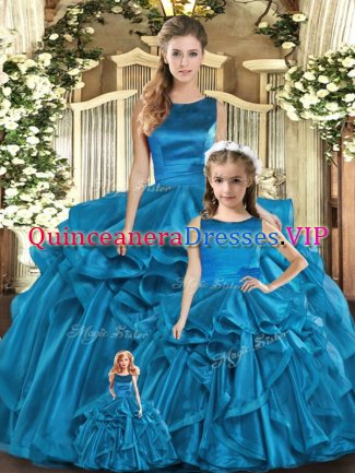 Exquisite Ball Gowns Ball Gown Prom Dress Teal Scoop Organza Sleeveless Floor Length Lace Up