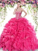 Sweetheart Sleeveless Ball Gown Prom Dress Sweep Train Beading and Ruffles Hot Pink Organza