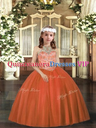 New Arrival Rust Red Halter Top Neckline Beading Kids Pageant Dress Sleeveless Lace Up