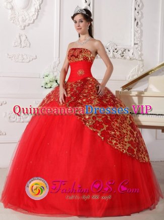 Boca Chica Dominican Republic Lace Appliques Decorate Inexpensive Red Quinceanera Dress With Tulle Custom Made