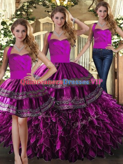 Three Pieces Sweet 16 Quinceanera Dress Fuchsia Halter Top Organza Sleeveless Floor Length Lace Up - Click Image to Close
