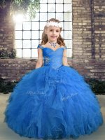 Blue Sleeveless Floor Length Beading and Ruffles Lace Up Pageant Dress for Womens