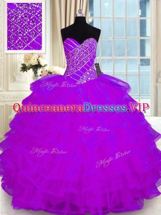 Ruffled Purple Sleeveless Organza Lace Up Sweet 16 Dress for Military Ball and Sweet 16 and Quinceanera