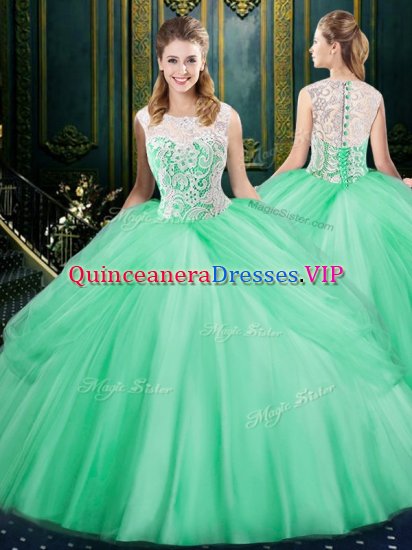 Scoop Sleeveless Tulle Floor Length Zipper Ball Gown Prom Dress in Apple Green with Lace and Pick Ups - Click Image to Close