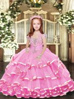 Nice Beading and Ruffled Layers Kids Formal Wear Lilac Lace Up Sleeveless Floor Length