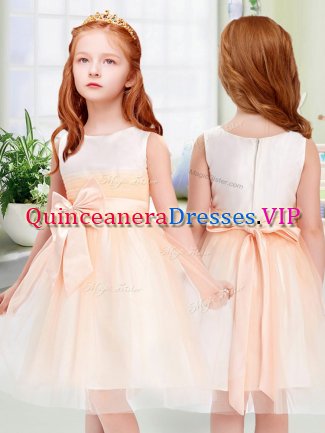 Sleeveless Knee Length Bowknot Zipper Pageant Gowns For Girls with Peach