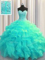 Visible Boning Sweetheart Sleeveless Lace Up Quince Ball Gowns Aqua Blue Organza