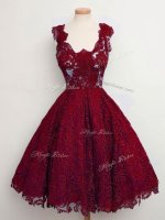 Wine Red Straps Lace Up Lace Vestidos de Damas Sleeveless