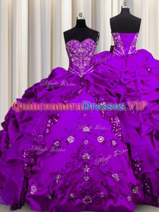 Sequins Sleeveless Taffeta Floor Length Lace Up Ball Gown Prom Dress in Purple with Beading and Embroidery and Ruffles
