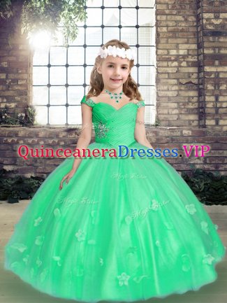 Unique Green Ball Gowns Beading and Hand Made Flower Pageant Dress Womens Lace Up Tulle Sleeveless Floor Length