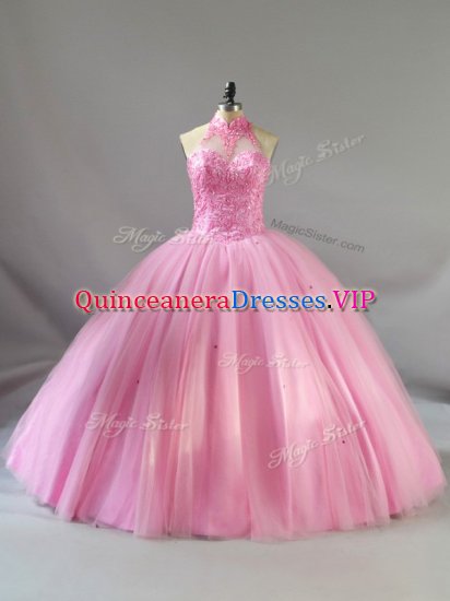 Halter Top Sleeveless Sweet 16 Dresses Floor Length Beading Baby Pink Tulle - Click Image to Close