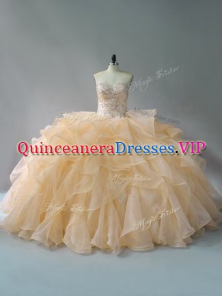 Flirting Brush Train Ball Gowns 15 Quinceanera Dress Gold Sweetheart Organza Sleeveless Lace Up