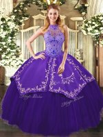 Lovely Purple Ball Gowns Halter Top Sleeveless Tulle Floor Length Lace Up Beading and Embroidery Quinceanera Gowns(SKU SJQDDT1143002-2BIZ)