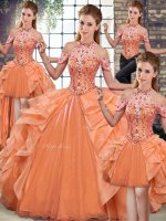 Best Orange Ball Gowns Beading and Ruffles Quinceanera Dress Lace Up Organza Sleeveless Floor Length
