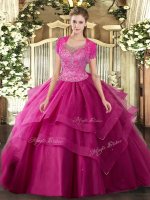 Hot Pink Scoop Clasp Handle Beading and Ruffles Ball Gown Prom Dress Sleeveless