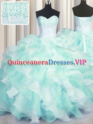 Exceptional Two Tone Visible Boning Floor Length Lace Up Sweet 16 Dress Multi-color for Military Ball and Sweet 16 and Quinceanera with Beading and Ruffles