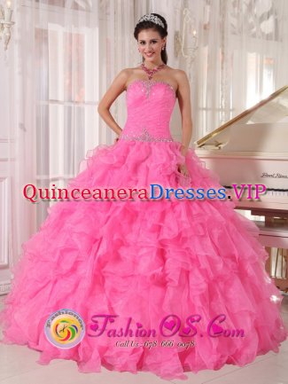 Clovis New mexico /NM Strapless Beaded Decorate With Inexpensive Rose Pink Quinceanera Dress Custom Made with Ruffles Ball Gown