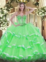 Extravagant Ball Gowns Organza Sweetheart Sleeveless Beading and Ruffles Floor Length Lace Up 15th Birthday Dress