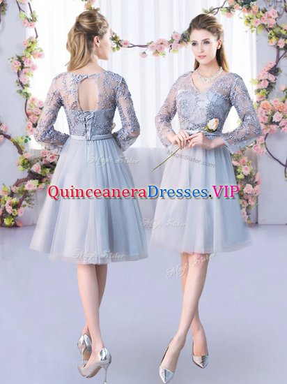 Top Selling Grey V-neck Lace Up Lace and Belt Quinceanera Court Dresses Long Sleeves - Click Image to Close