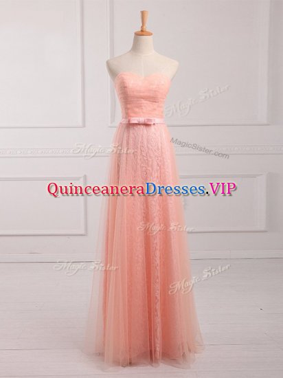 Cheap Peach Sleeveless Tulle and Lace Lace Up Damas Dress for Prom and Party and Wedding Party - Click Image to Close