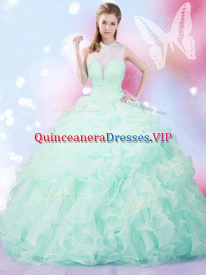 New Style Organza High-neck Sleeveless Lace Up Beading and Ruffles and Pick Ups Sweet 16 Dresses in Apple Green - Click Image to Close