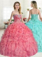 Inexpensive Watermelon Red Sleeveless Organza Lace Up Sweet 16 Quinceanera Dress for Military Ball and Sweet 16 and Quinceanera