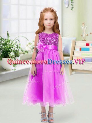 Lilac Pageant Gowns For Girls Wedding Party with Sequins and Hand Made Flower Scoop Sleeveless Zipper