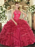 New Style Ball Gowns Quinceanera Dresses Coral Red High-neck Organza Sleeveless Floor Length Lace Up(SKU SJQDDT1219002-1BIZ)