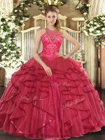 New Style Ball Gowns Quinceanera Dresses Coral Red High-neck Organza Sleeveless Floor Length Lace Up