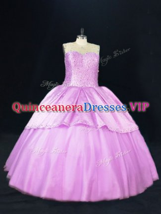 Hot Sale Sleeveless Floor Length Beading Lace Up Quinceanera Gowns with Lilac