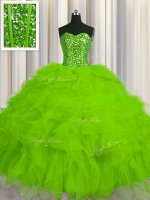 Visible Boning Sleeveless Floor Length Beading and Ruffles and Sequins Lace Up Sweet 16 Dresses with