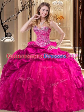 Extravagant Sweetheart Sleeveless Brush Train Lace Up Quinceanera Dresses Hot Pink Taffeta and Tulle