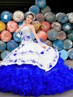 Super White and Blue Organza and Taffeta Lace Up Sweet 16 Dress Sleeveless With Brush Train Embroidery and Ruffles(SKU XBQD004BIZ)