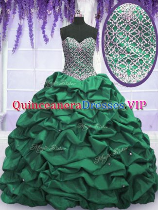 Dynamic Dark Green Ball Gowns Sweetheart Sleeveless Taffeta Floor Length Lace Up Beading and Sequins and Pick Ups Quinceanera Gowns