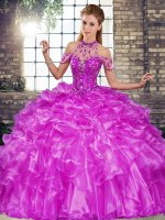 Halter Top Sleeveless Organza Quinceanera Gowns Beading and Ruffles Lace Up